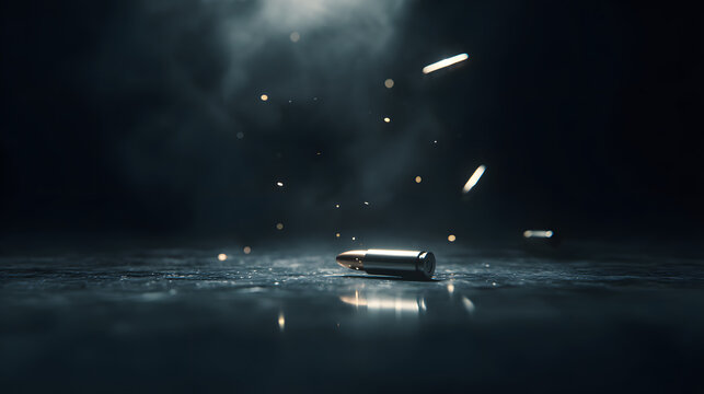 A single bullet casing lies on a wet concrete surface with particles and smoke in dark background.