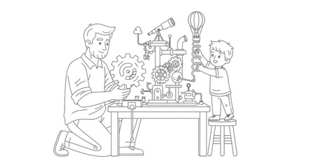 Obraz premium Father and Son Building a Mechanical Invention Coloring Page