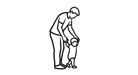 Obraz premium Father Helping Toddler Take First Steps Outline Illustration