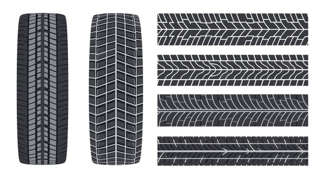 Selection of different car tire tread patterns and side views of tires showing various grip designs for automotive safety.