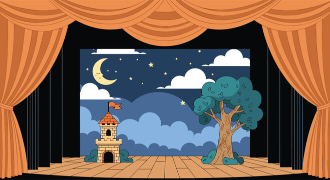 Theater stage framed by red curtains showing a backdrop of a castle, a tree, and a crescent moon in a deep night sky.