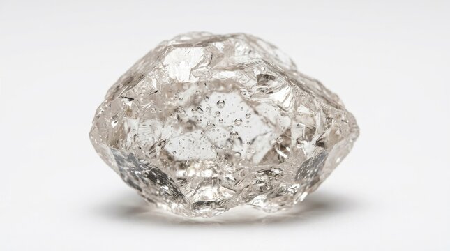 A rough, uncut diamond rests on a white surface.