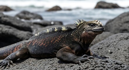 Fototapeta premium Marine iguana reptile resting on volcanic rocks near ocean water