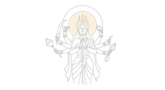 Hindu Goddess Durga Vector Line Art Illustration