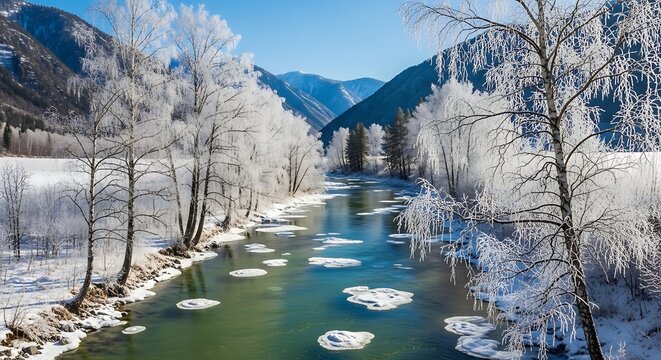 Winter river landscape with snow covered trees and ice floes under clear blue sky