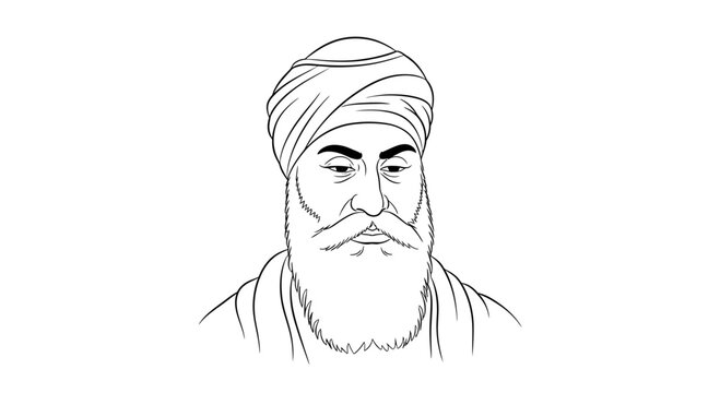 Line Art Portrait of a Sikh Man Wearing a Traditional Dastar Turban