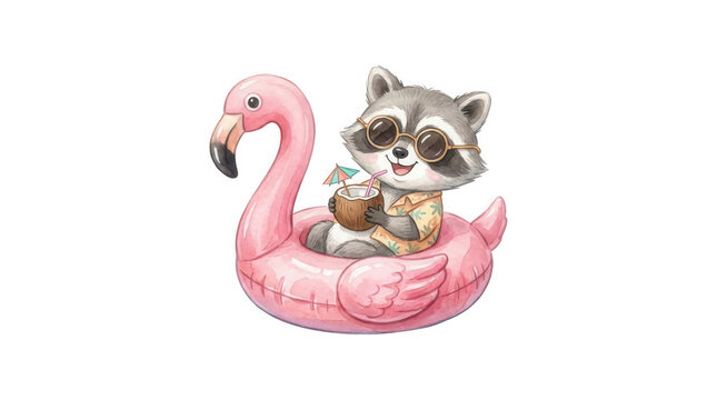A cute raccoon wearing sunglasses and a floral shirt relaxing on a pink flamingo pool floatie toy.