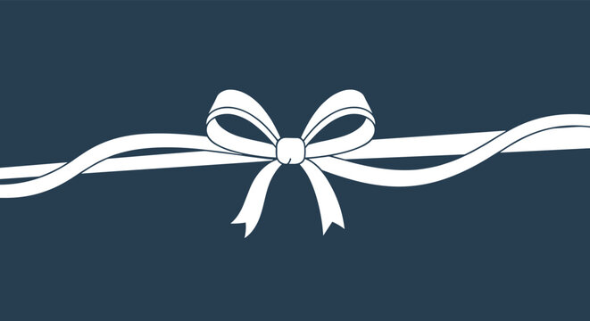 Simple and elegant white ribbon tied into a beautiful bow and extending horizontally across a dark blue background.