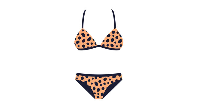 Two piece bikini swimsuit with bright orange and black leopard animal print pattern isolated on white background for summer beach fashion.