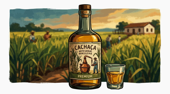 Bebida alco&oacute;lica destilada brasileira produzida a partir da cana-de-a&ccedil;&uacute;car.Caracter&iacute;sticas: A imagem retrata uma produ&ccedil;&atilde;o artesanal com fundo de alambique.