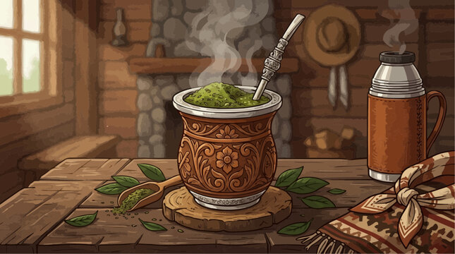 Traditional chimarr&atilde;o setting. The set includes a decorated gourd, yerba mate, and an inserted metal bombilla