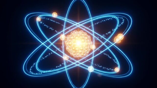 Radiant Atomic Structure Blue Electrons Orbit Bright Nucleus on Dark BG.