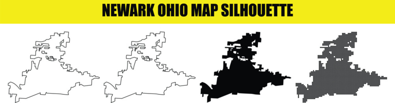 Map silhouette of newark ohio united states on transparent background, city outline in 4 different styles.