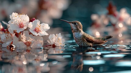 Fototapeta premium Small hummingbird bathing near delicate white cherry blossoms in calm water during a soft golden hour sunny afternoon light session