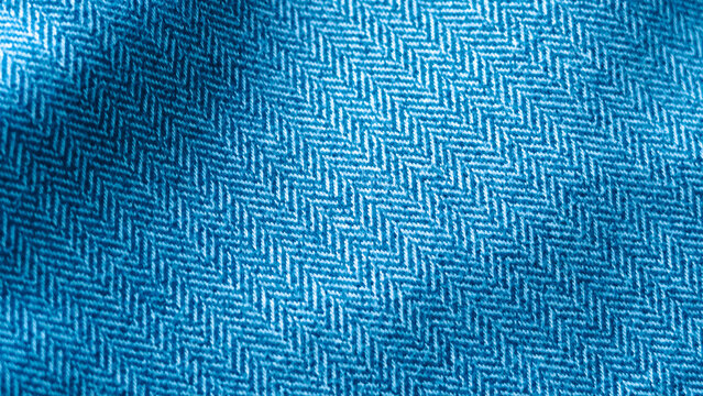 Blue herringbone fabric texture close up.