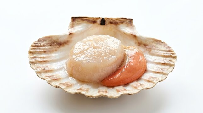 A single, fresh scallop rests inside its open shell.