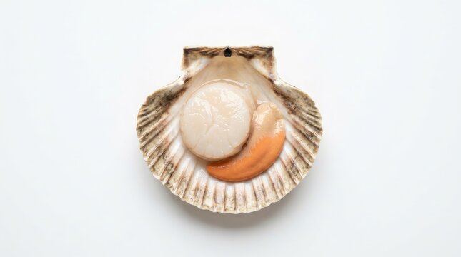 A single, fresh scallop rests inside its natural shell.