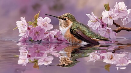 Fototapeta premium Small hummingbird resting near delicate pink cherry blossoms while reflecting in calm water during a beautiful tranquil spring morning scene
