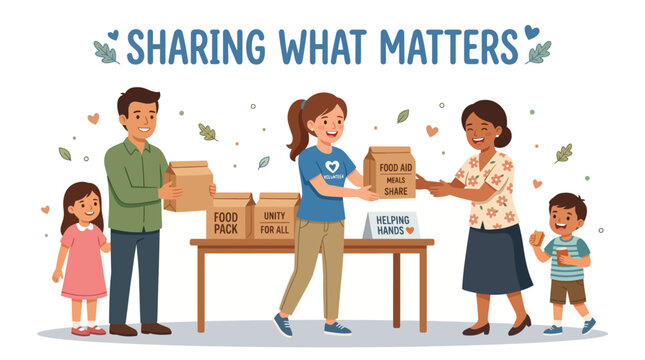 Volunteers sharing food donations with families at a community food bank, promoting charity and goodwill