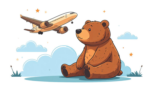 Brown bear watching airplane fly by.