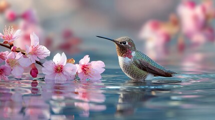 Fototapeta premium Small hummingbird bathing near delicate pink cherry blossoms in calm blue water captured with soft natural lighting in high resolution