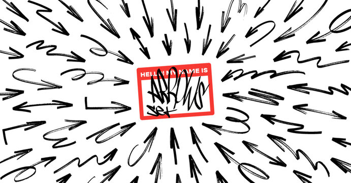 Marker arrows pointing. Black sketch arrows and scribble marks point strokes. Stylish thin and detailed arrows in hip hop, street art, graffiti style. Navigation sign, doodle pointers. Vector set