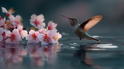 Obraz premium Small hummingbird hovering gracefully near delicate pink cherry blossoms floating on the calm dark water surface during a sunny day