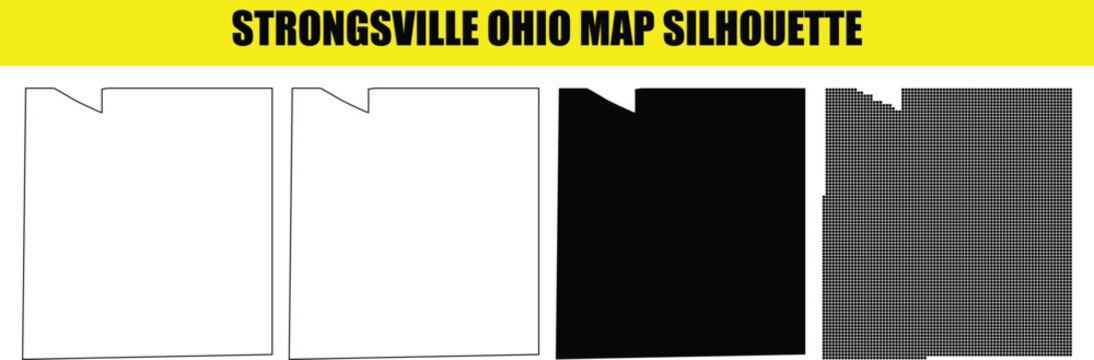 Strongsville ohio map silhouette displaying clean square like boundaries in four distinct visual artistic formats.