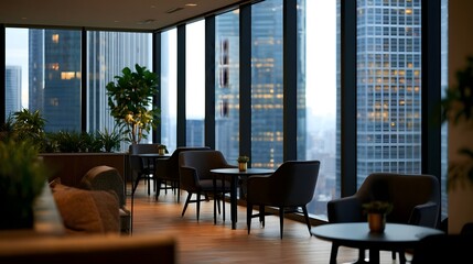 Fototapeta premium An elegant and cozy business lounge offers a sophisticated view of a towering city skyline