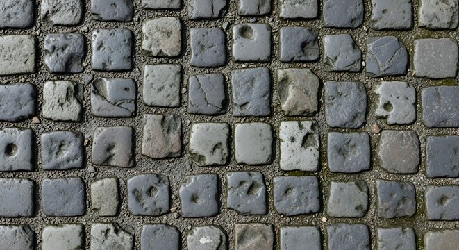 Cobblestone texture background, gray worn stone paving, detail view