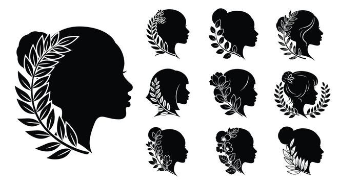 Silhouette collection of eleven diverse female profiles adorned with elegant leaf wreaths and floral hair accessories.