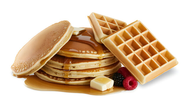 Stack of fluffy pancakes and crispy waffles with syrup and butter for food logo design asset