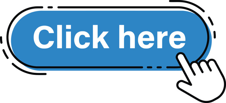 Click here blue web button with hand cursor pointer flat vector