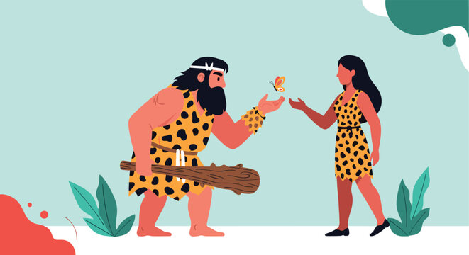 Cheerful cartoon scene of a bearded prehistoric caveman with a club and a cavewoman watching an orange butterfly.
