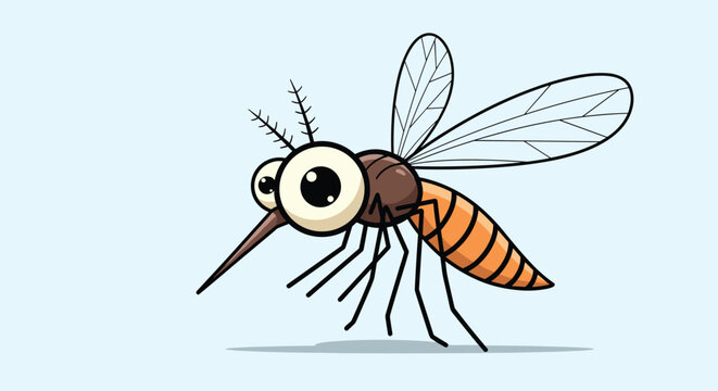 Humorous cartoon mosquito character with large expressive eyes and a vibrant orange and black striped abdomen.