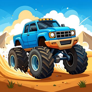 Large blue monster truck driving desert.