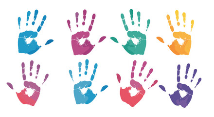 Fototapeta premium Set of eight colorful handprints in various artistic paint textures representing diversity creativity and childhood activity.