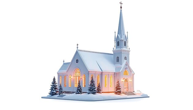  small snow-covered church with tall steeple and cross at the top, glowing arched windows emitting warm yellow light