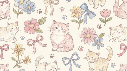 Plakat Charming cat patterns with floral elements illustrative art cozy home environment whimsical viewpoint