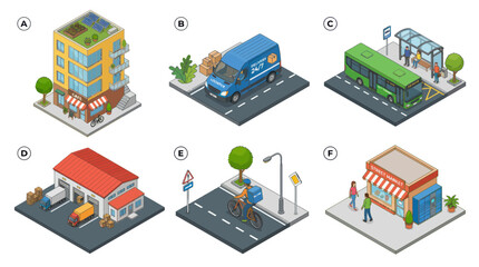 Fototapeta premium Isometric City Elements: Building, Delivery Truck, Bus, Warehouse, Cyclist, Shop