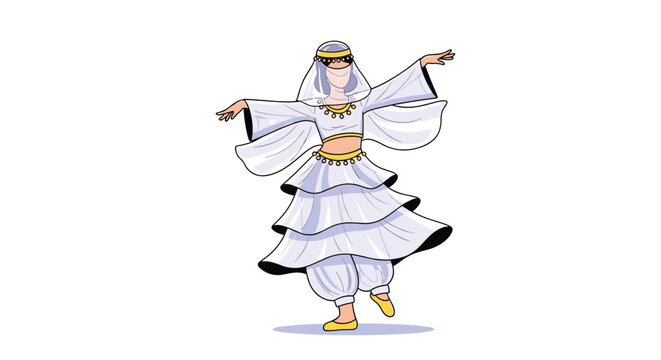 Elegant female belly dancer performing in a white traditional outfit with rhythmic movements and expressive gestures.