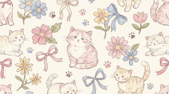 Charming cat patterns with floral elements illustrative art cozy home environment whimsical viewpoint