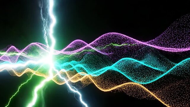 Vibrant multicolored lightning waves on a dark background with glowing lines