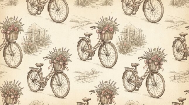 Charming bicycle with flowers vintage style pattern design cozy environment artistic viewpoint whimsical concept