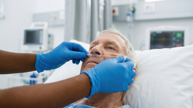 Healthcare professional adjusting oxygen nasal cannula for elderly male patient in hospital