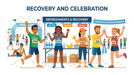 Naklejka premium Flat vector illustration of volunteers celebrating finishing line with refreshments and congratulations