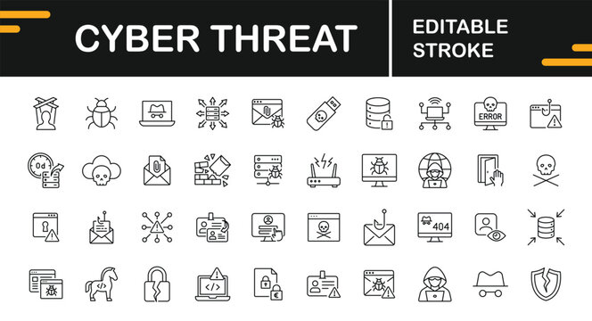 Cyber Threat Icons Set &ndash; Editable Stroke Line Vector Collection for Malware, Phishing, Hacking, Data Breaches and Digital Attack Prevention