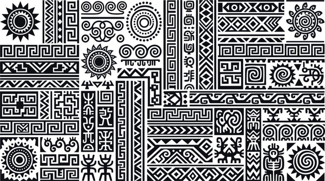 Ethnic tribal seamless border patterns, Aztec geometric ornaments, Mayan symbols, African traditional decorations, and ancient native abstract textures