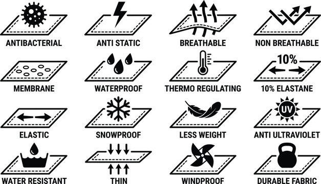 Fabric feature property icons, textile material characteristic symbols, breathable waterproof elastic garment technology signs, isolated,