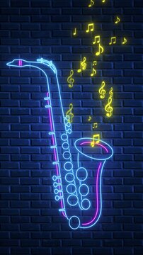 neon lights saxophone and musical notes on brick wall animation,jazz music cafe, concert and bar vertical social media motion background